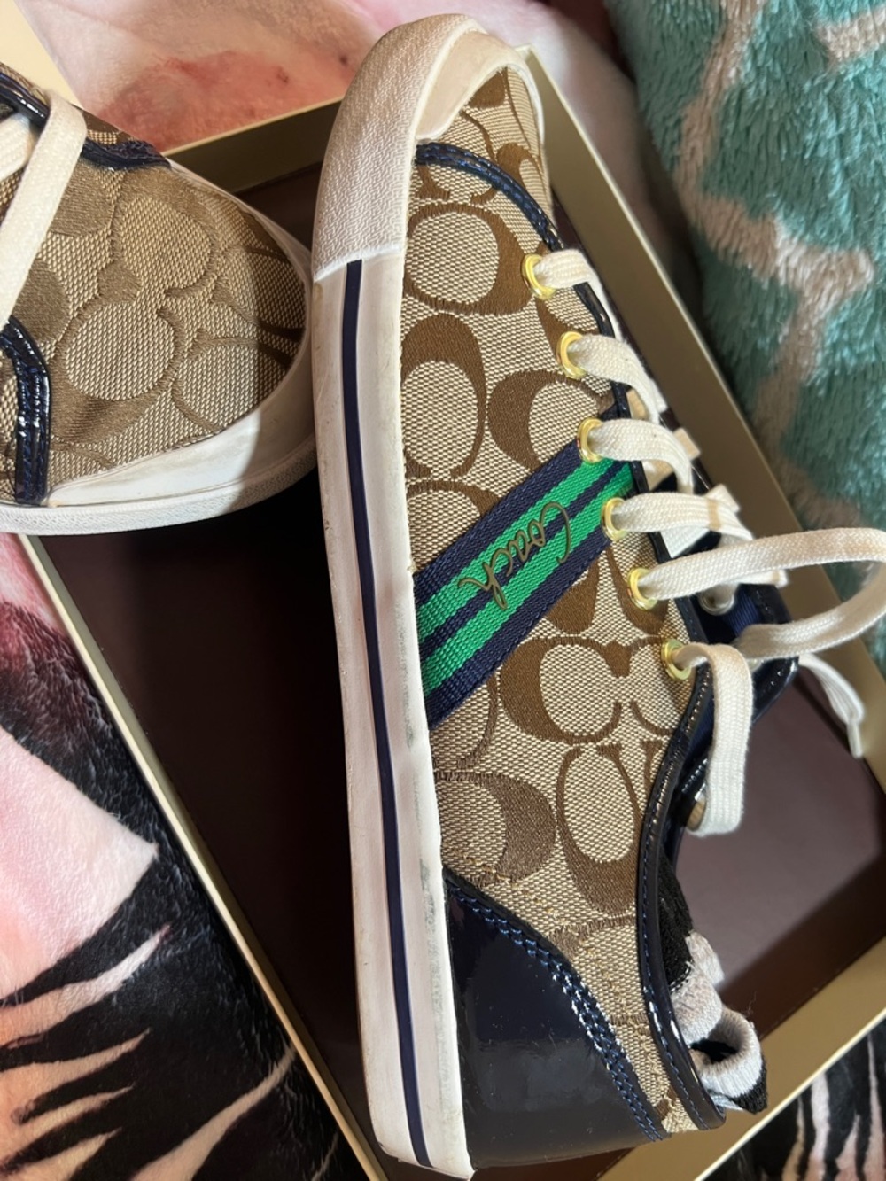 Coach Tan Signature Canvas Sneaker with Green and Navy Stripe - Picture 6 of 6